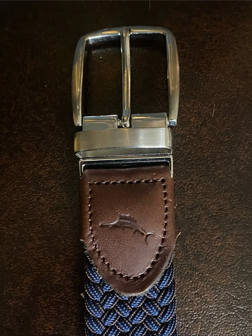 Tommy Bahama Men's Navy and Brown Braided Belt with Brown Leather Trim S/M